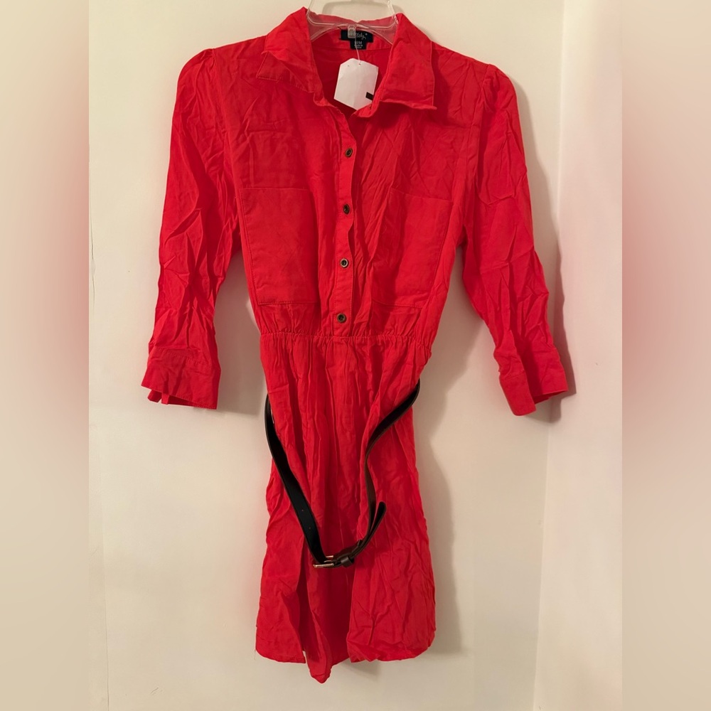 Rhapsody Neon Orange Button-Up Dress with Brown Belt